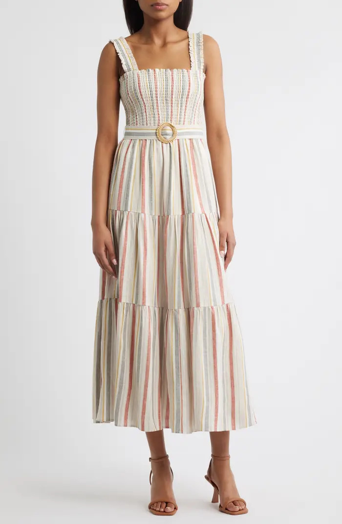 Smocked Bodice Belted Tiered Midi Sundress Engagement Party Dress Guest Engagement Party Guest Dress | Nordstrom