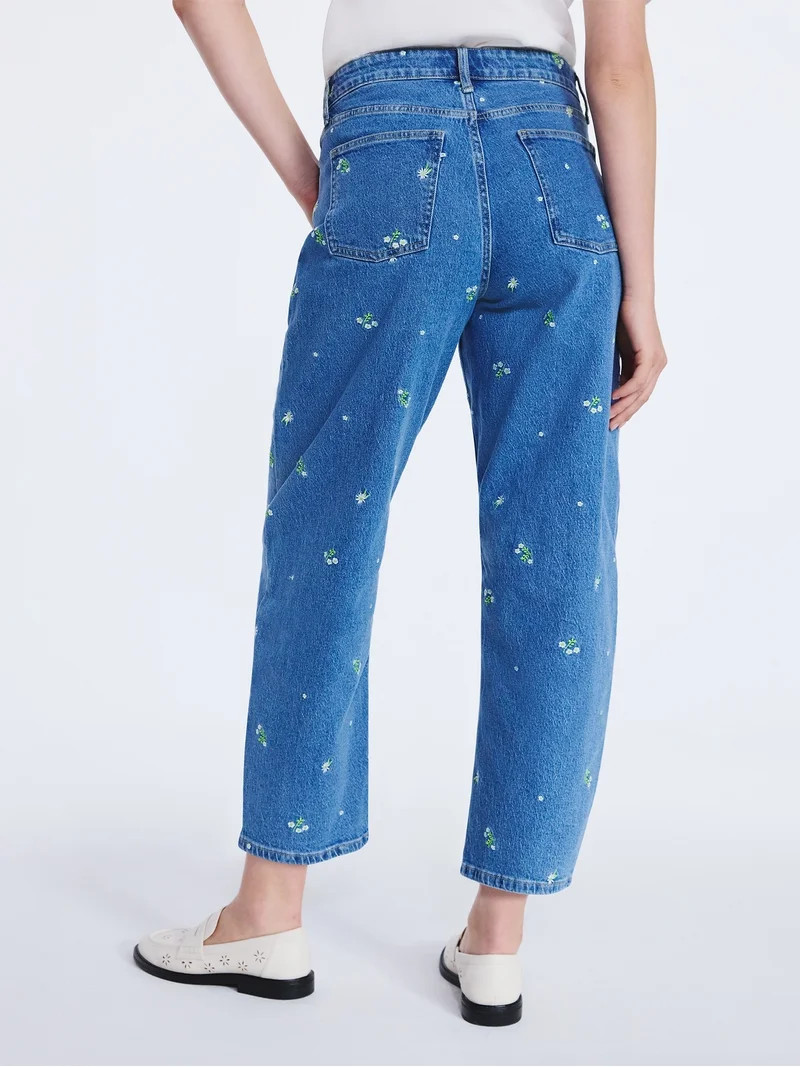 Free Assembly Women's and Women's Plus Embroidered Mid Rise Cropped Barrel Jeans, Sizes 0-26W | Walmart (US)