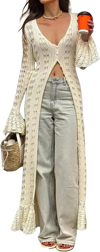 Women's Hollow Maxi Crochet Cardigans Flared Sleeve Long Casual Knit Vacation Open Front Lightwei... | Amazon (US)