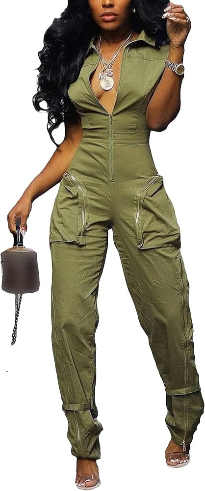 LKOUS Cargo Jumpsuits for Women Dressy, Sexy Short Sleeves V Neck Zipper One Piece Outfits with P... | Amazon (US)