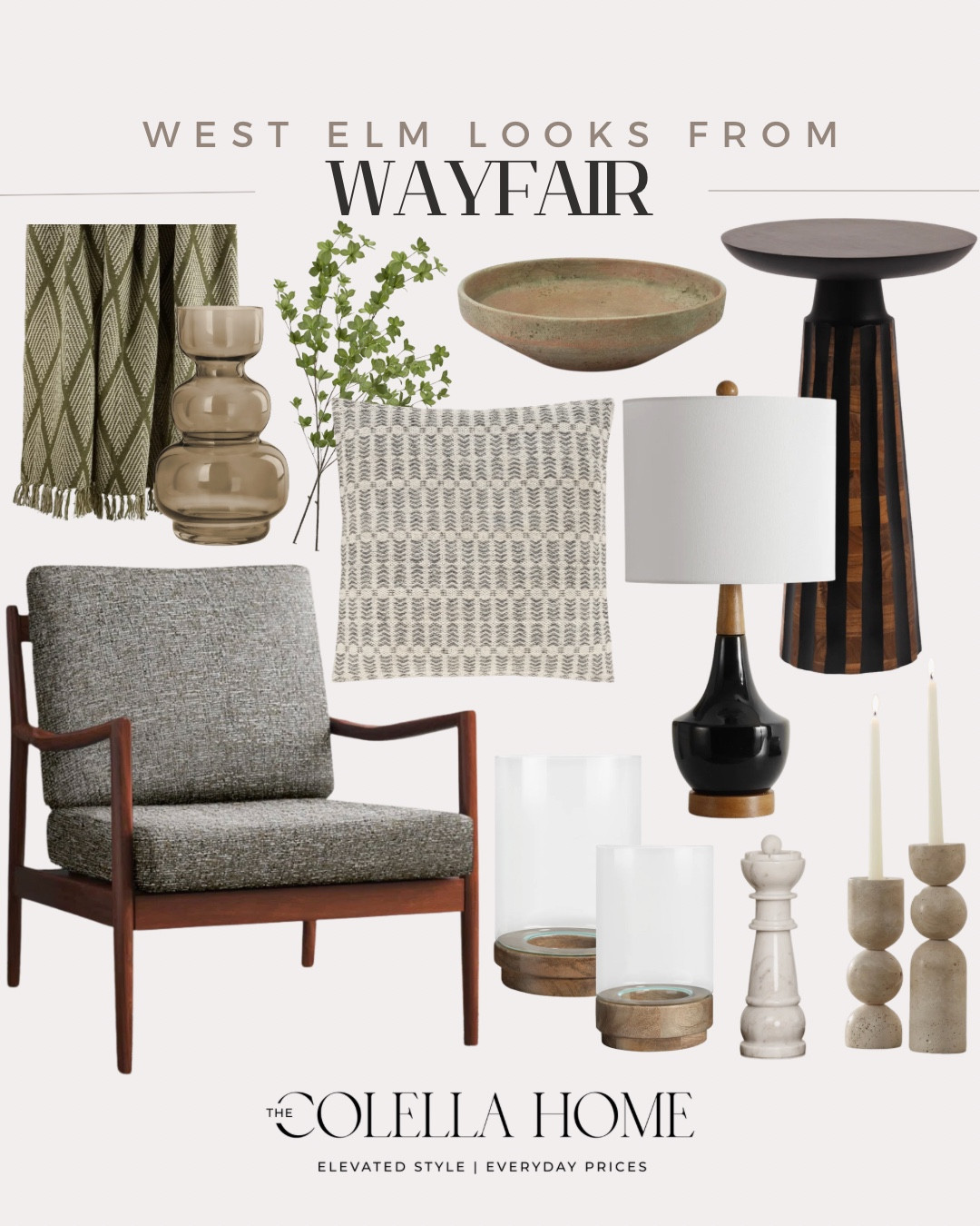 West Elm looks from Wayfair includes side table, decorative bowl, table lamp, candle stick holders, vase, blanket, accent chair, throw pillow, greenery stems, hurricanes, and decorative chess piece.

Home decor, neutral home decor, looks for less

#LTKHome #LTKSaleAlert #LTKSeasonal