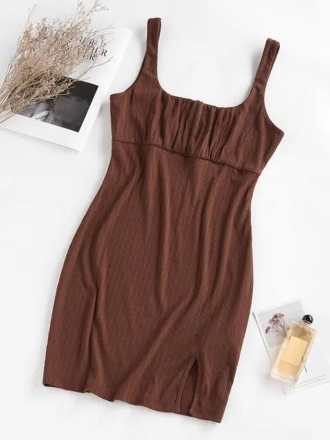 ZAFUL Ribbed Ruched Bust Slit Bodycon Dress - Deep Coffee M | ZAFUL (Global)