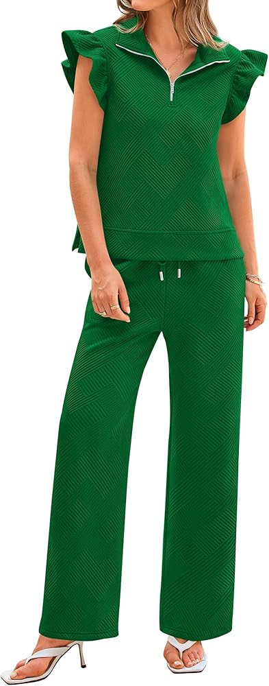 BTFBM Women Summer 2 Piece Sets Airport Outfits Ruffle Cap Sleeve Quarter Zip Top Wide Leg Pants ... | Amazon (US)