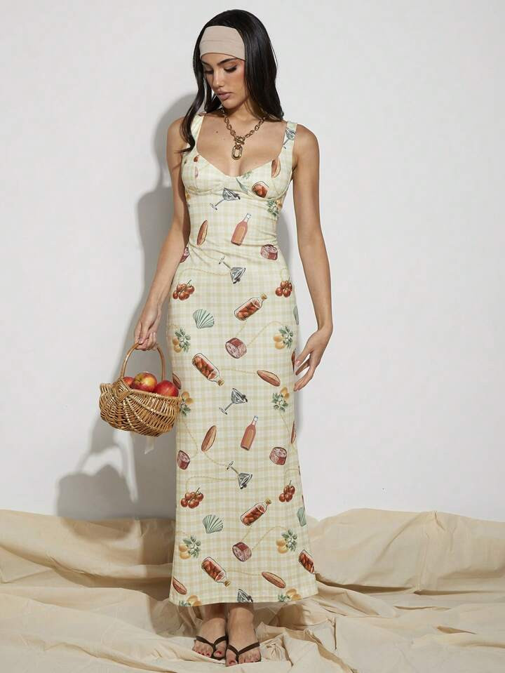 COSMINA Vestido Corpiño Ajustado De Mujer Con Estampado De Cuadros Y Conchas Marinas | SHEIN
