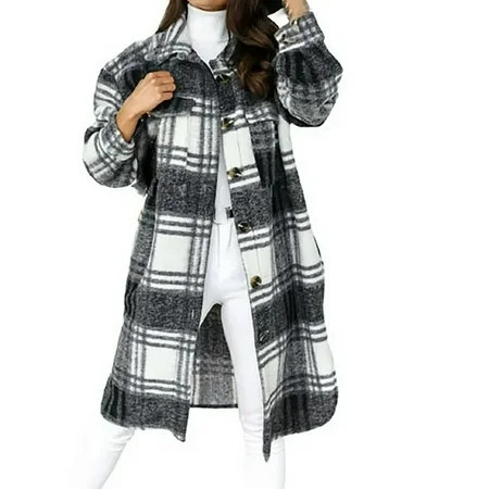 Womens Plaid Long Blend Wool Coat Shacket Jackets Long Sleeve Button Down Casual Shirts | Walmart (US)