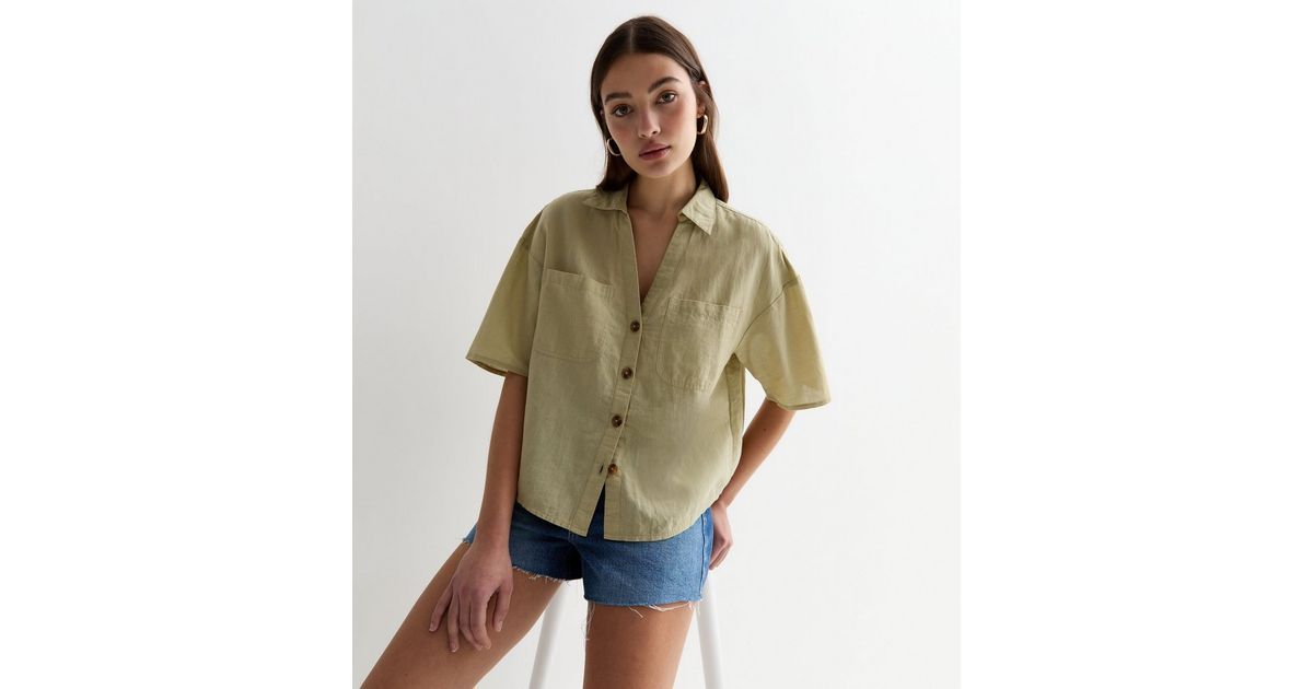 Light Green Linen-Cotton Short Sleeve Boxy Shirt | New Look | New Look (UK)