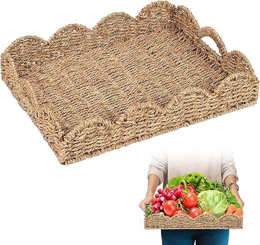 Scalloped Basket, Scalloped Tray, Seagrass Tray(17" x 13" x 3") with Scalloped Edge and Built-in ... | Amazon (US)
