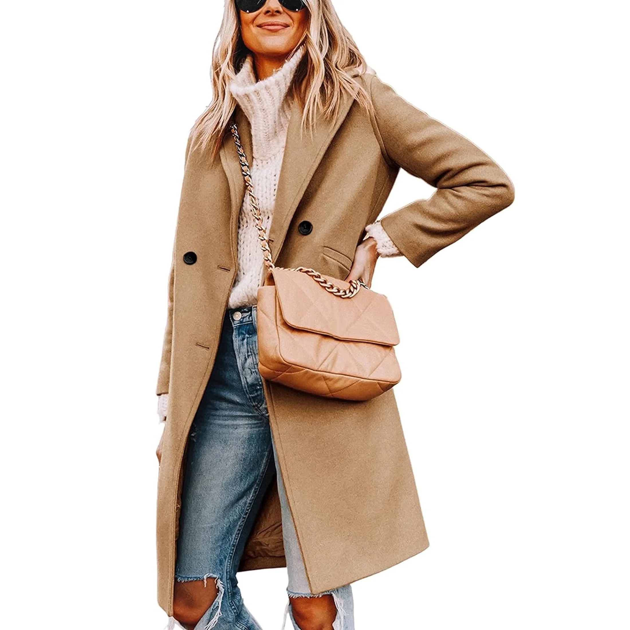 Women's Winter Wool Coat Casual Notch Lapel Single-Breasted Peacoat | Walmart (US)