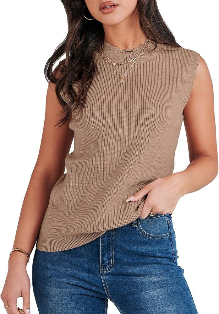 Women's Mock Neck Knit Sweater Vest Casual Sleeveless Summer Trendy Ribbed Pullover Tank Tops | Amazon (US)