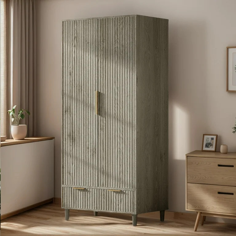 Ktaxon Fluted Wardrobe Closet Armoire with Hanging Rod, Modern Drawer & Shelf – Elegant Gray Fi... | Walmart (US)
