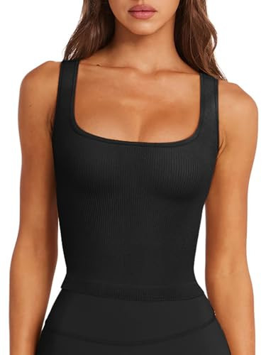 LASLULU Sports Bras for Women Cropped Workout Athletic Shirts Yoga Tops Ribbed Knit Square Neck Running Gym Summer Black Tank Top with Built in Bra(Black,Small) | Amazon (US)
