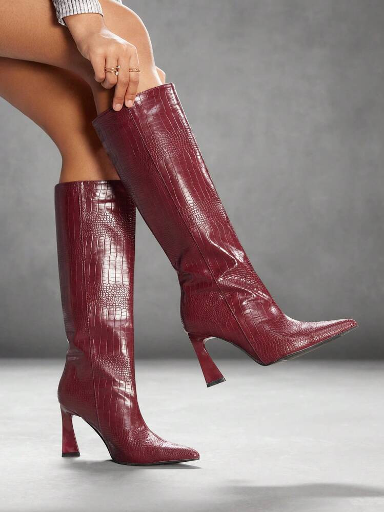 Wine Red Crocodile High Heel Boot | SHEIN