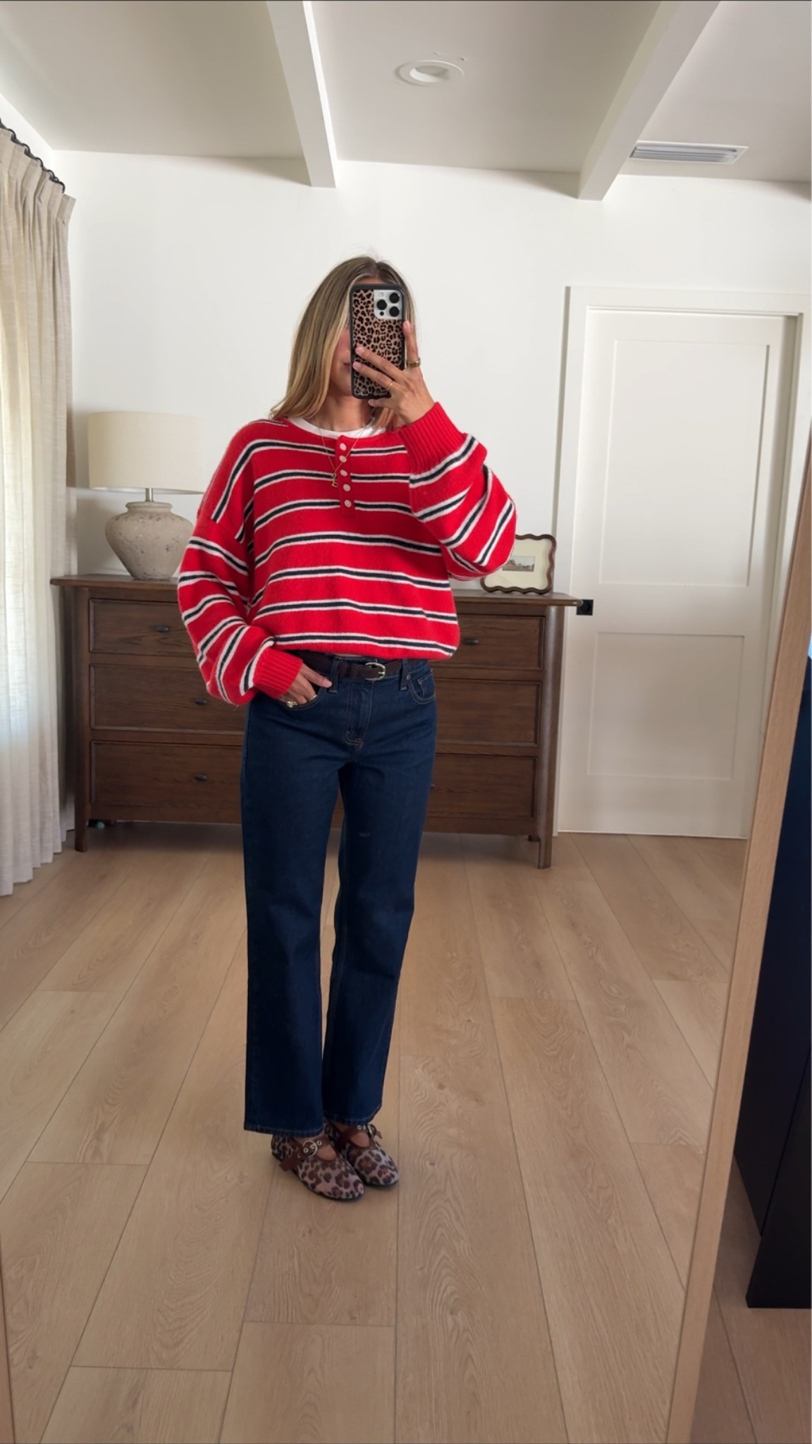 POP OF COLOR♥️
red Abercrombie sweater & jeans! I did short length in jeans so I can wear with flats. (Im 5’4) 

Flats are Amazon 🐆