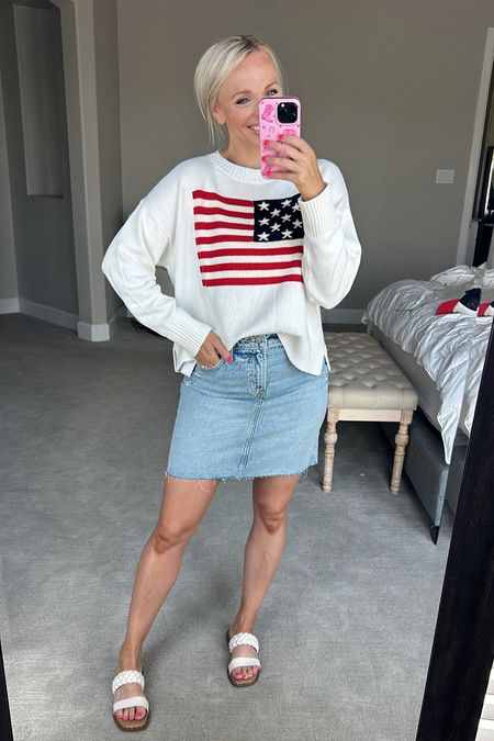 Old navy 50% off almost everything! I’m wearing a size 6 in the denim skirt, it has no stretch!!! Sweater is a small. I’ll
Link to other flag sweaters too 

#LTKFindsUnder50 #LTKSaleAlert #LTKStyleTip