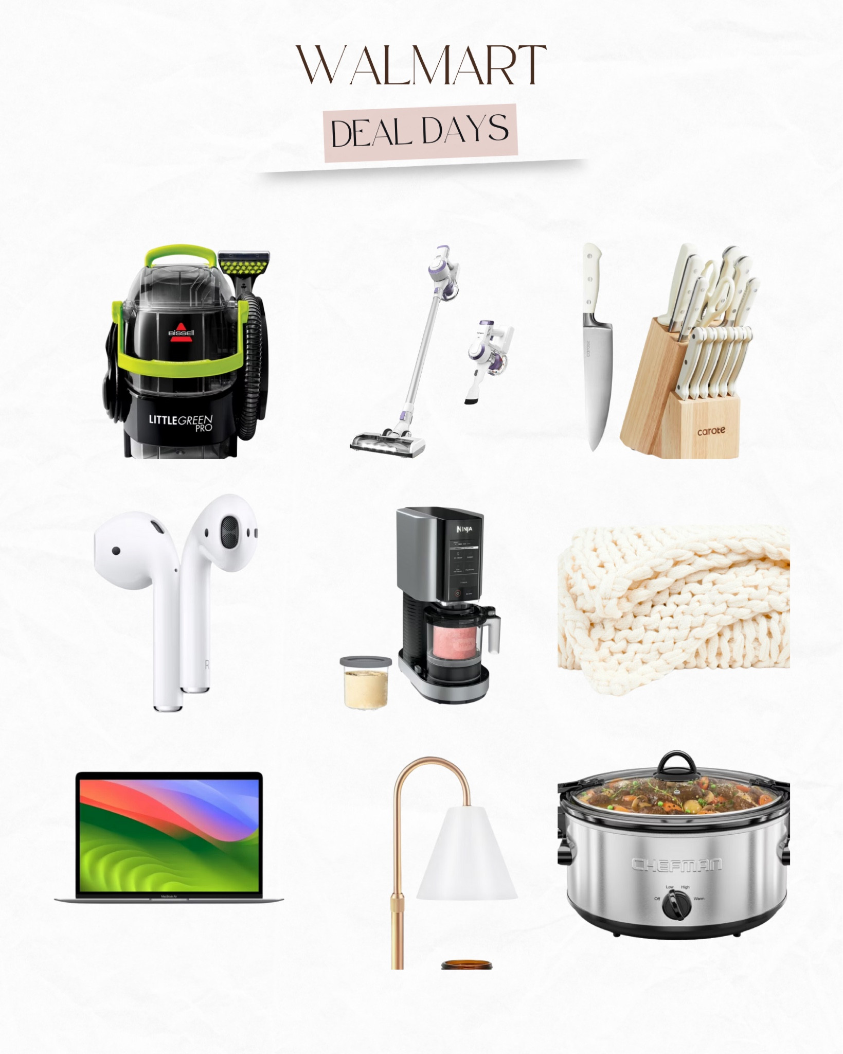 Walmart. Deal days. Sale finds. Apple. Computer. Laptop. Steamer. Spot cleaner. Tineco. Vacuum. Knife set. Ninja creami. Throw blanket. Slow cooker. Candle warmer lamp  

#LTKSeasonal #LTKSaleAlert #LTKHome