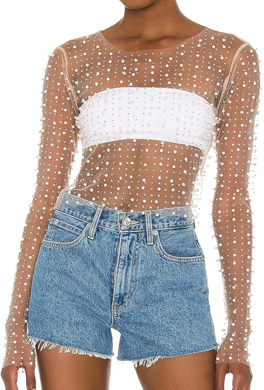 LOFAAC Women Sexy See Through Pearl Rhinestone Beaded Crop Top Y2K Long Sleeve Sheer Mesh Crop Bl... | Amazon (US)
