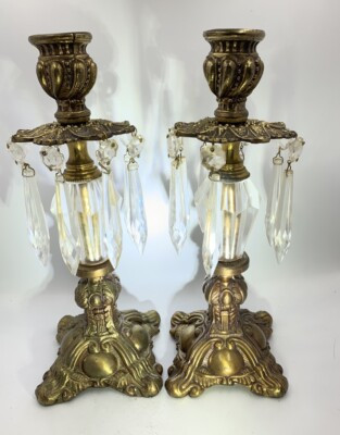 Vintage Pair Hollywood Regency Style Ornate Cast Metal & Crystal Candle Holders  | eBay | eBay US