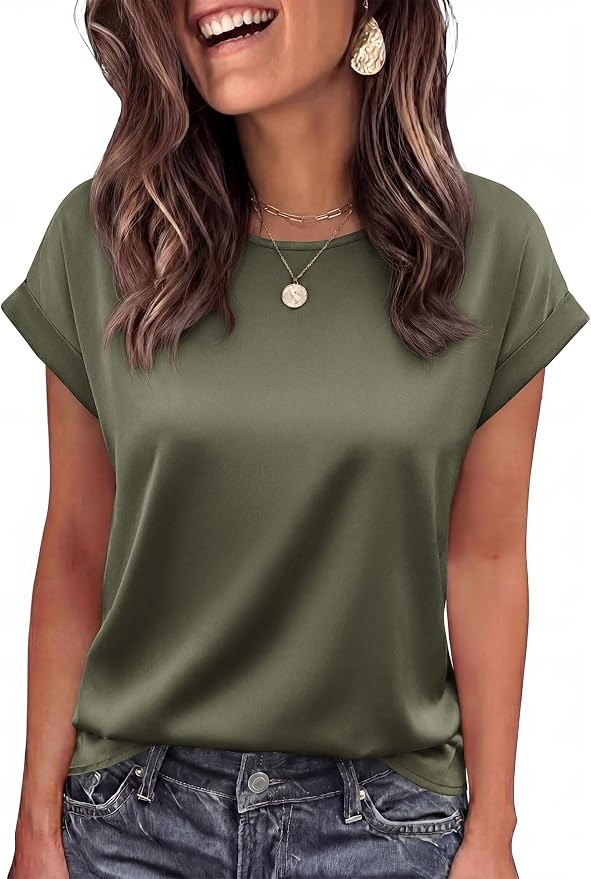Crewneck Short Sleeve Shirts, Loose Fit Tunic, Dressy Silk Tops, 2026 Fashion Clothing, Daily Goi... | Amazon (US)