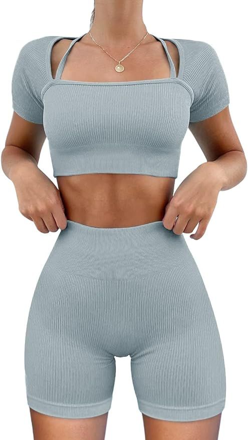 Amazon.com: OLCHEE Womens Workout Sets 2 Piece - Seamless Ribbed Gym Outfits Short Sleeve Crop To... | Amazon (US)
