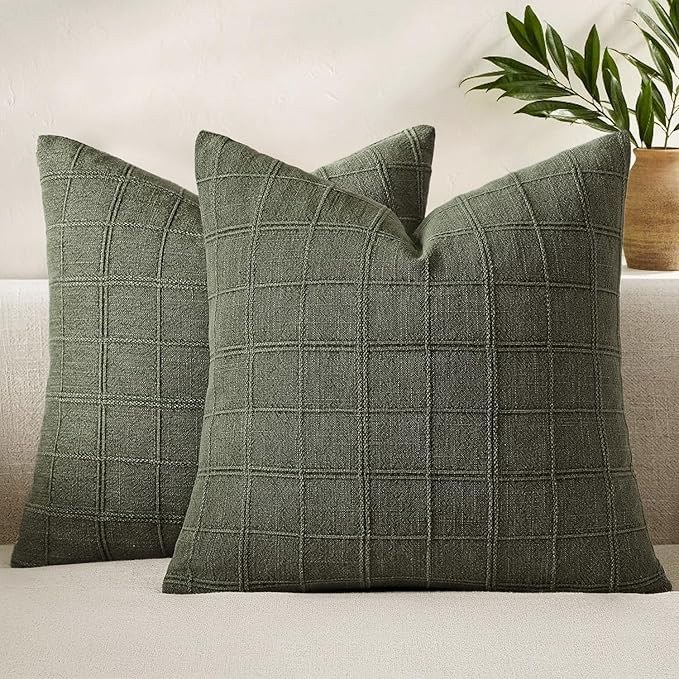 Woaboy Linen Check Throw Pillow Covers Set of 2 - Olive Green Farmhouse Modern Boho Vintage Chris... | Amazon (US)