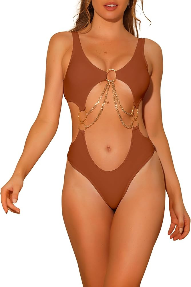 Women's Gold Chain Swimsuits V Neck Monokini, 1 Piece Cut Out Swimwear Bathing Suit | Amazon (US)