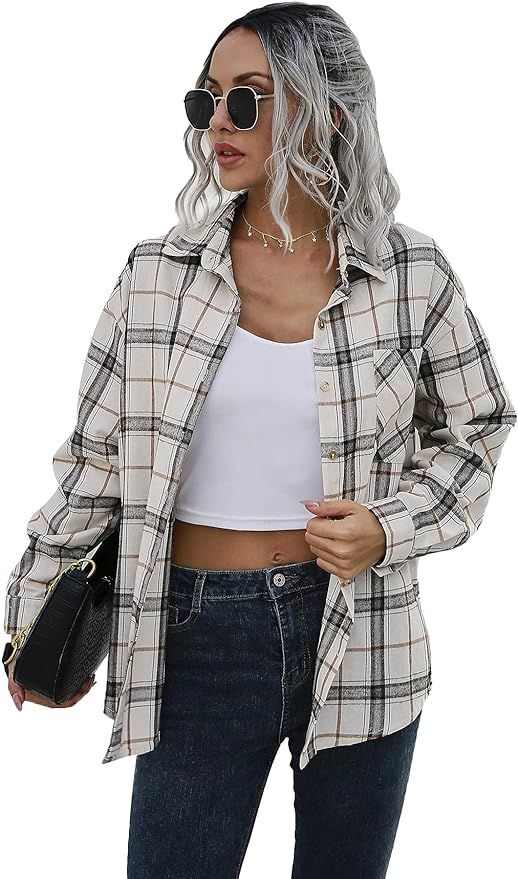 MakeMeChic Women's Plaid Shacket Jacket Coat Flannel Button Down Shirt | Amazon (US)