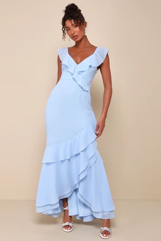 Charming Event Light Blue Asymmetrical Ruffled Maxi Dress | Lulus
