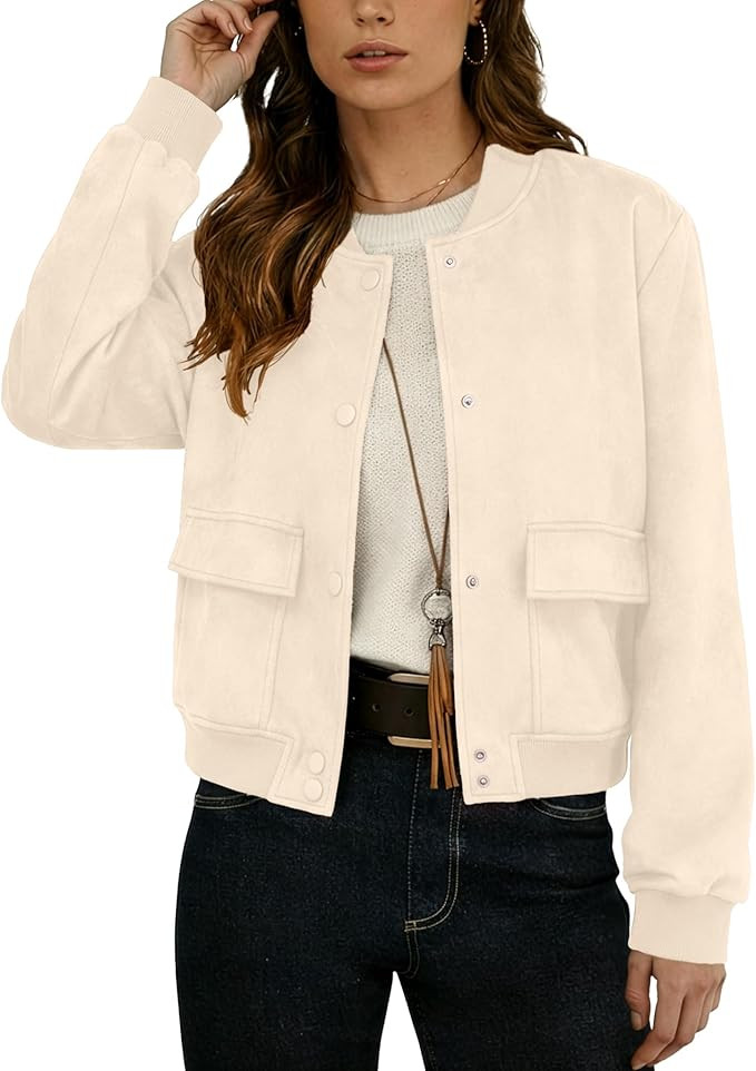 GRECERELLE Womens Faux Suede Leather Bomber Jacket Cropped Button Down Long Sleeve Casual Varsity... | Amazon (US)