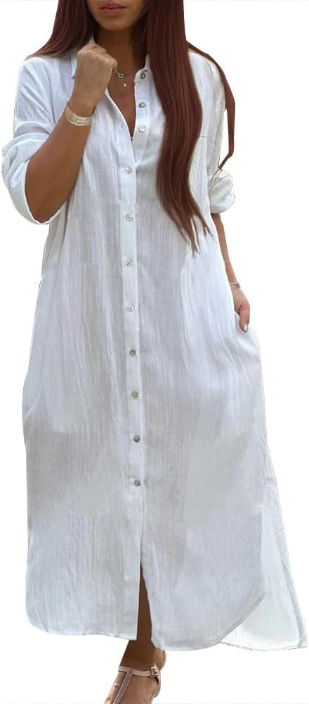 Zhyaj Womens Dress Summer Casual Short Sleeve Button Down Shirt Dress Cotton Linen Beach Cover Up... | Amazon (US)