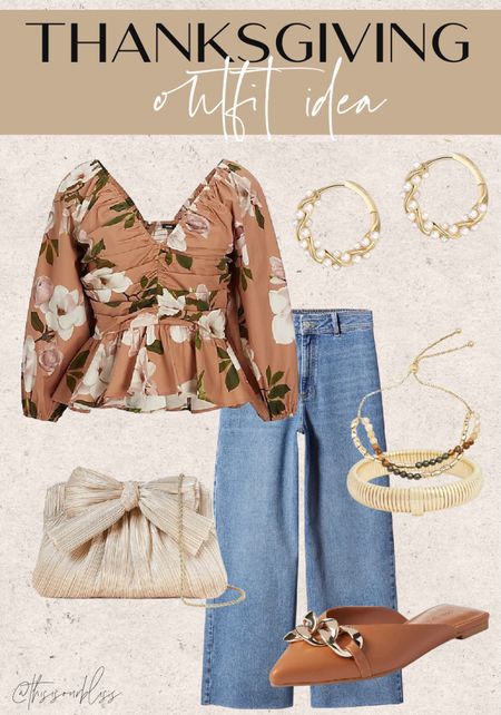 Thanksgiving outfit idea 🤎 floral, peplum blouse with wide leg jeans and mules (60% off) pearl hoops and metallic bow purse 

#LTKsalealert #LTKstyletip #LTKfindsunder50