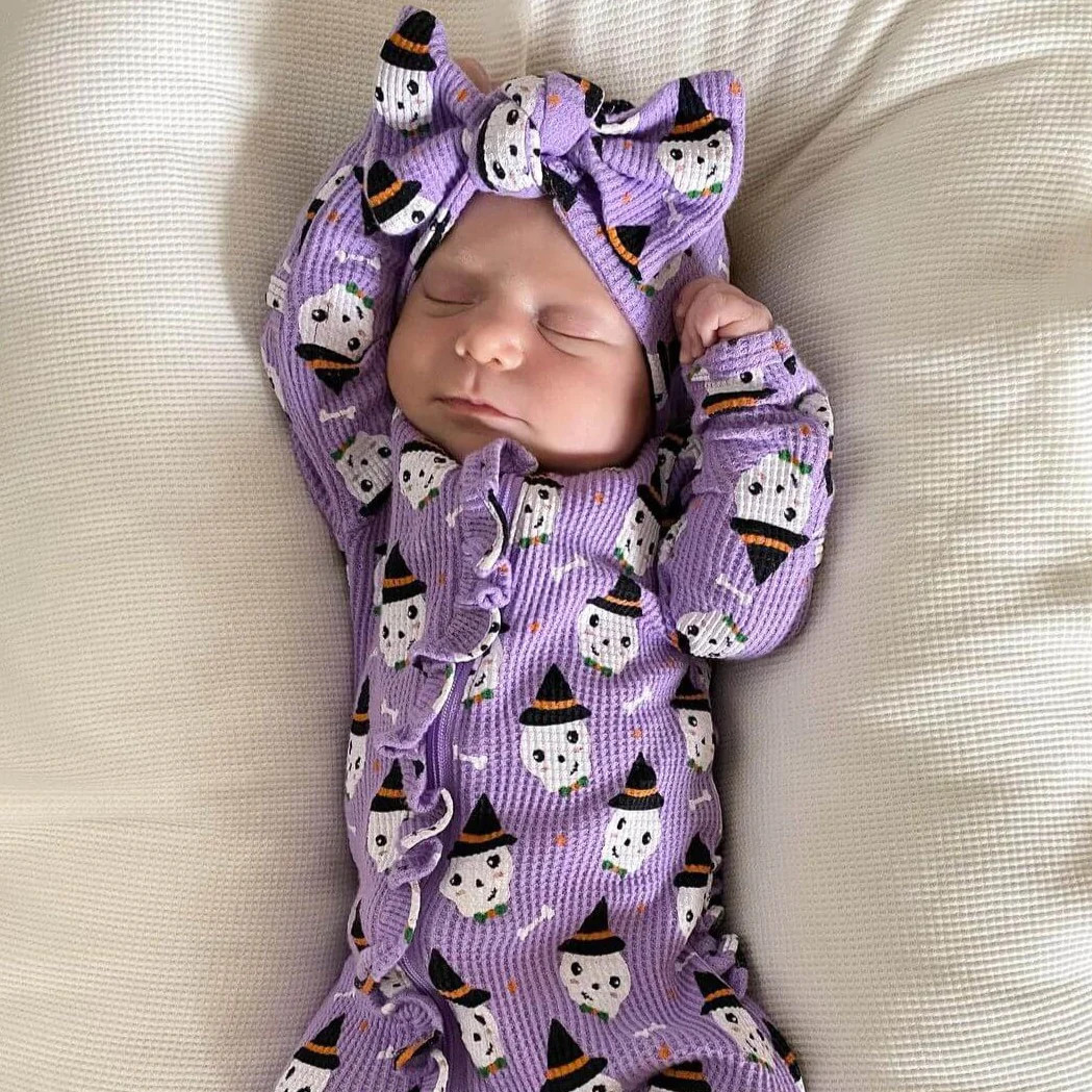 Organic Waffle Ruffle Zip Footie, Spooky Skeleton | SpearmintLOVE