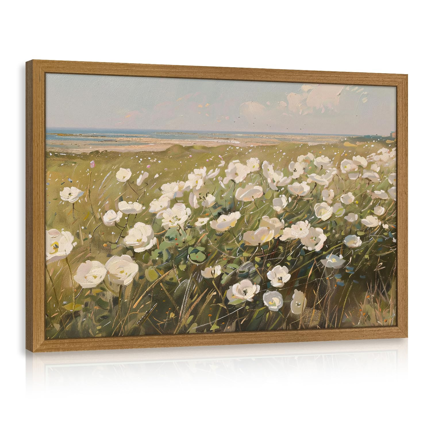 CAZLOUC Vintage Coastal Wall Art, White Wildflower Wall Decor, Rustic Farmhouse Landscape Canvas ... | Amazon (US)