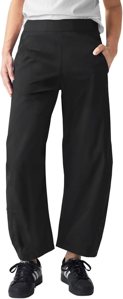 Womens Elastic Waist Ankle Pants Baggy Curved Tapered Leg Barrel Travel Pants with Pockets | Amazon (US)