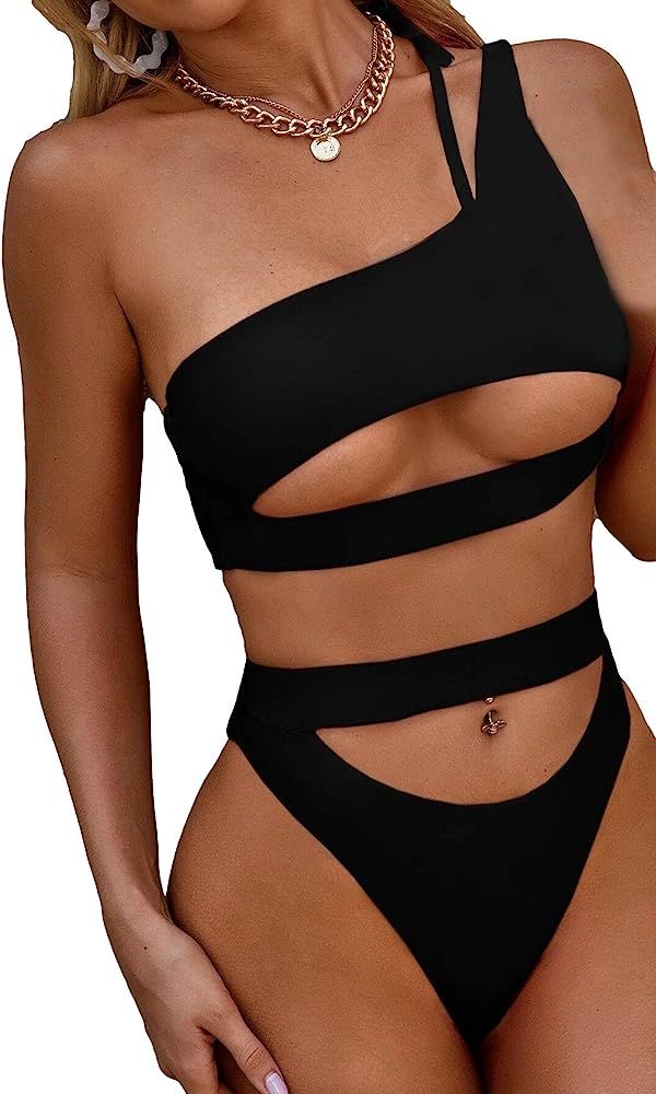 Lilosy Sexy Cutout One Shoulder High Cut Cheeky Thong Brazilian Bikini Swimsuit Set for Women Pad... | Amazon (US)