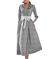 chouyatou Women's Retro Plaid Button Up Maxi Shirt Dress 3/4 Sleeve Gingham Pocketed Long Dress w... | Amazon (US)