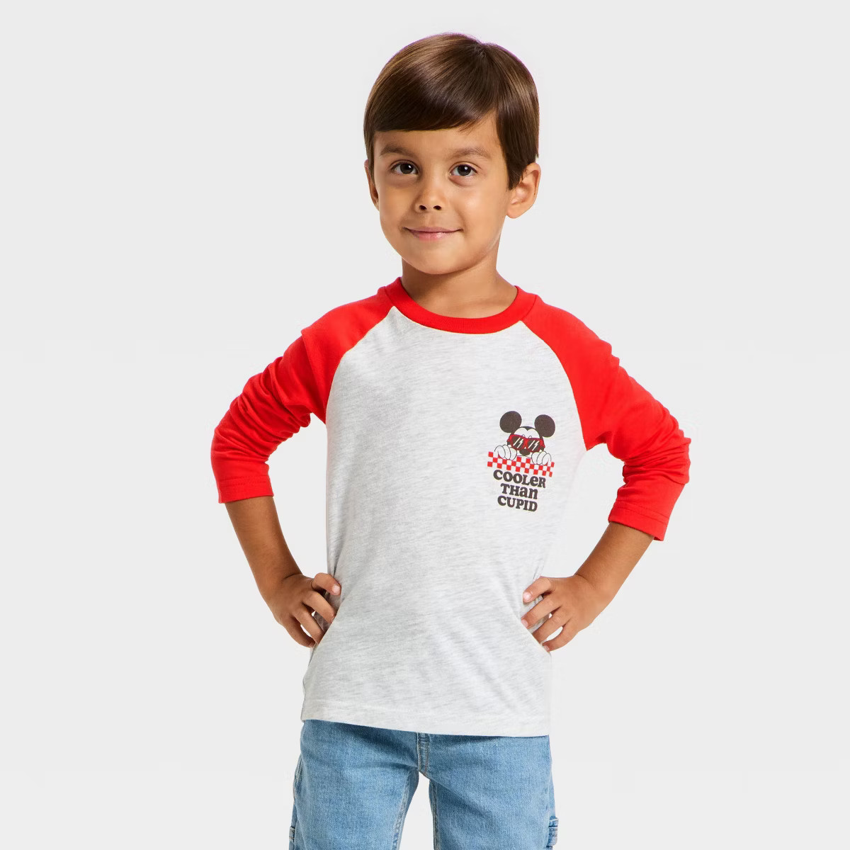 Toddler Boys' Long Sleeve Disney Mickey Mouse Valentines Raglan T-Shirt - Red | Target