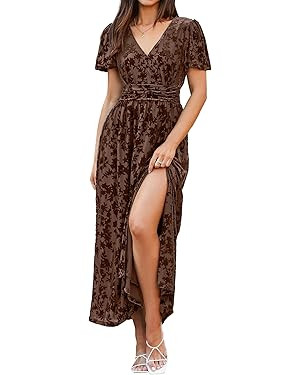Simplee Women's Velvet Maxi Dress V Neck Short Sleeve Empire Waist Semi Formal Long Cocktail Dres... | Amazon (US)