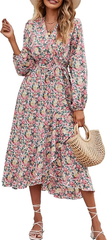 PRETTYGARDEN Women's Long Sleeve Vintage Wrap Dress Floral Print V-Neck Maxi Dresses with Belt | Amazon (US)
