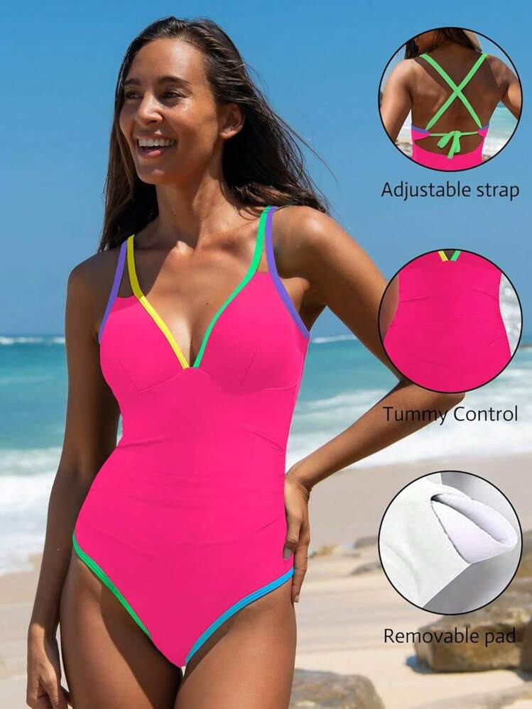 Popvil Women's Tummy Control Swimsuits One Piece Neon Color Block Swimwear Deep V Neck Slimming Bathing Suit | SHEIN