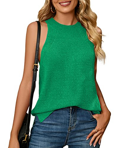 Bettysays Womens Summer Loose Knit Shirts Sleeveless Mock Neck Sweater Tank Tops(Medium,Emeralid Green) | Amazon (US)
