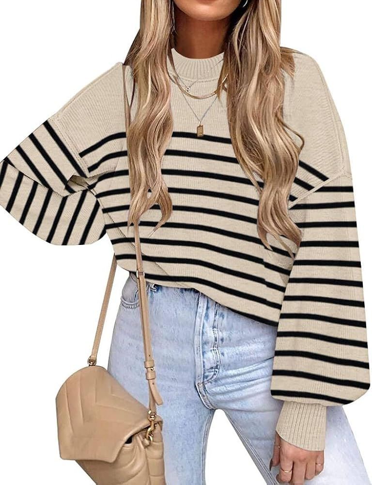 ETCYY Womens Striped Sweaters 2023 Fall Batwing Long Sleeve Side Slit Oversized Sweaters Trendy Crew Neck Knit Pullover Tops | Amazon (US)