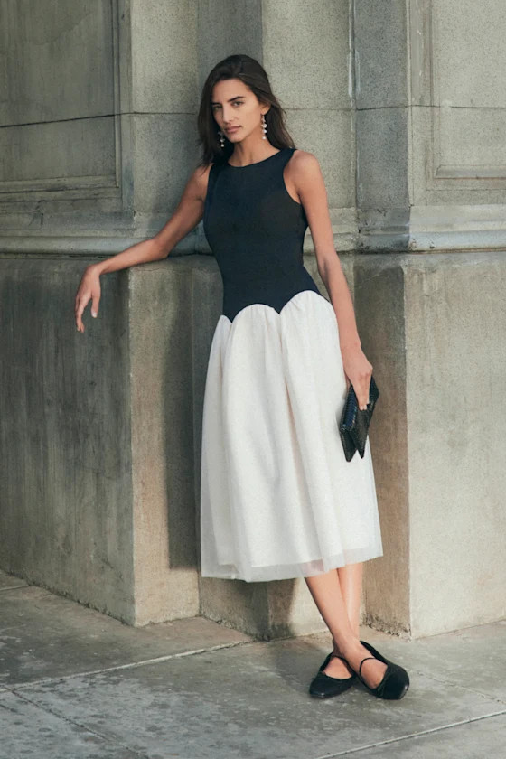 Contemporary Elegance Black and Cream Satin Tulle Midi Dress | Lulus