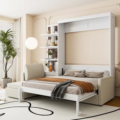 Queen Size Murphy Bed Wall Bed with Sofa and Shelves,White | Wayfair North America