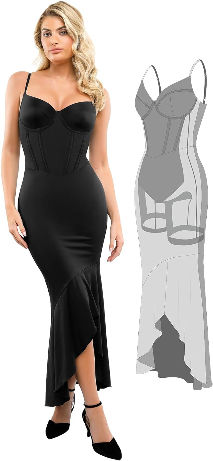 Popilush Corset Dress Built in Shapewear Formal Dress Maxi Slip | Amazon (US)