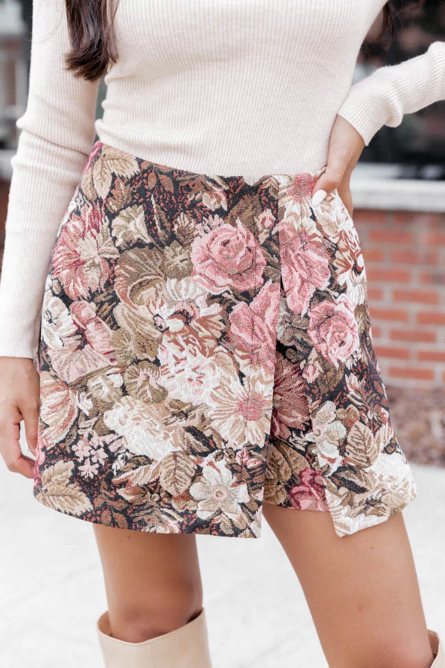 No Way Around It Brown Floral Jacquard Skort | Pink Lily