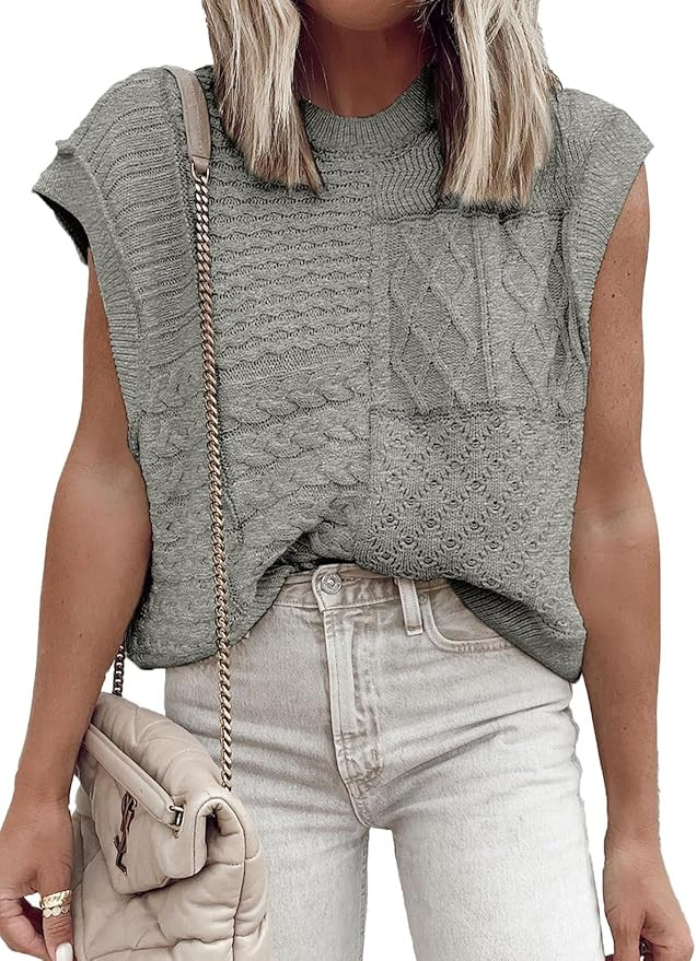 EVALESS Womens Short Sleeve Sweater Summer Fall 2025 Round Neck Crochet Pullover Cap Sleeve Knit ... | Amazon (US)