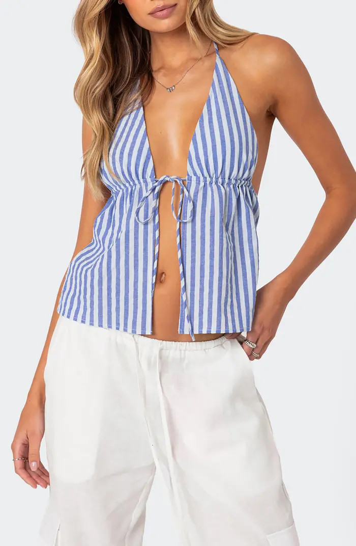 Madelyn Stripe Tie Front Cotton Halter Top | Nordstrom