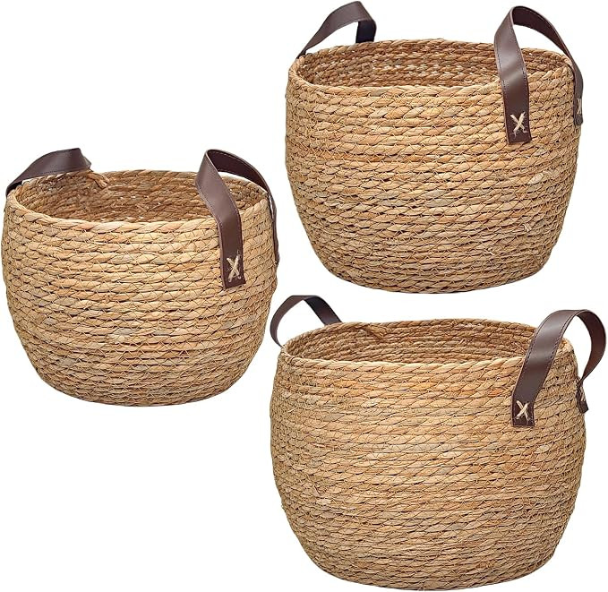 GIB Round Wicker Woven Seagrass Storage Baskets with Leather Handles Set of 3, Natural Decorative... | Amazon (US)