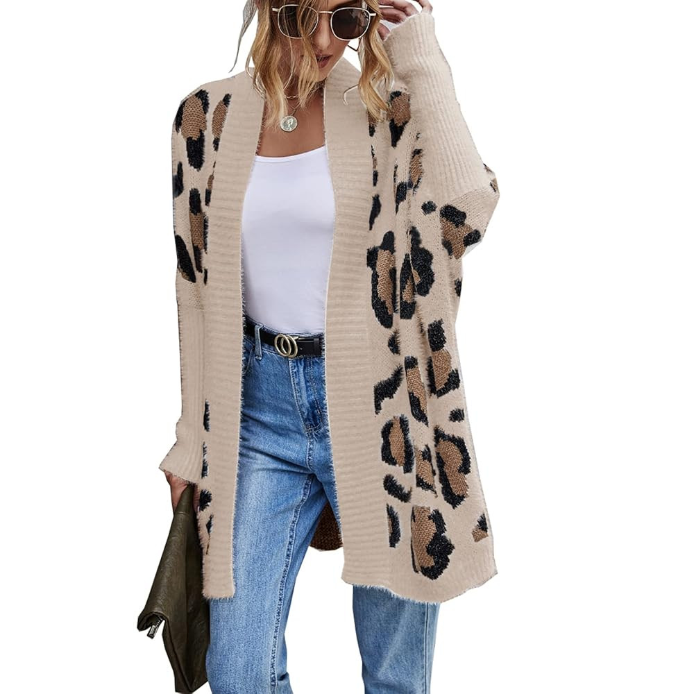 Women's Long Sleeves Open Front Casual Leopard Print Fuzzy Knitted Sweater Cardigan Coat Outwear | Amazon (US)