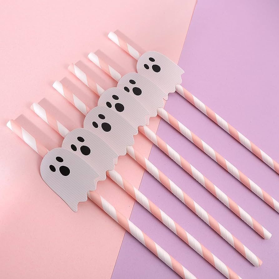 Pink Halloween Ghost Paper Straws - 12PCS Pink Ghost Straws, Cute Halloween Party Supplies, Hallo... | Amazon (US)